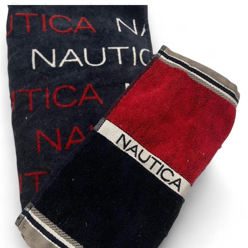 Nautica Navy and Red Home Bath hand towel and two washcloths